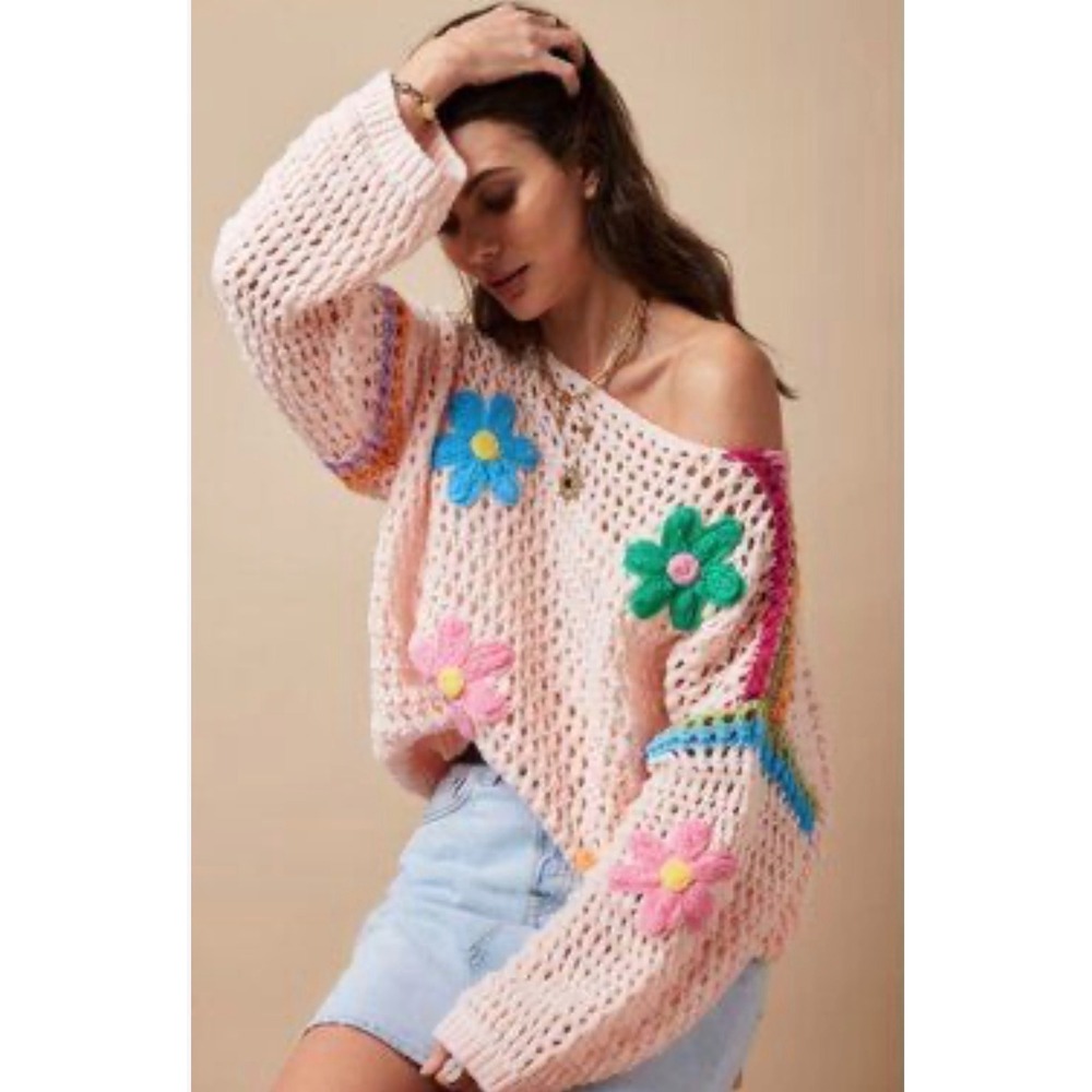 Adora Crochet Flower Sweater Women Large Pink NWOT